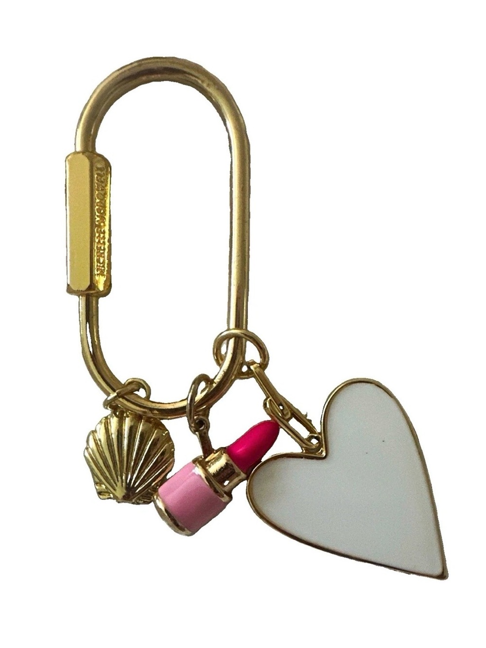Gold Key & Card Holder with White Enamel Heart and Pink Lipstick Charm